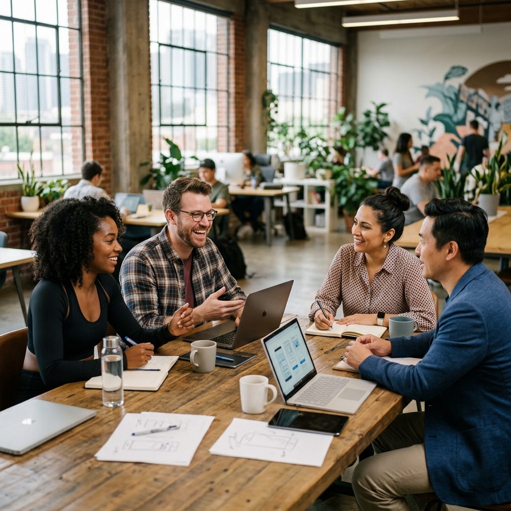 Diverse professionals working together